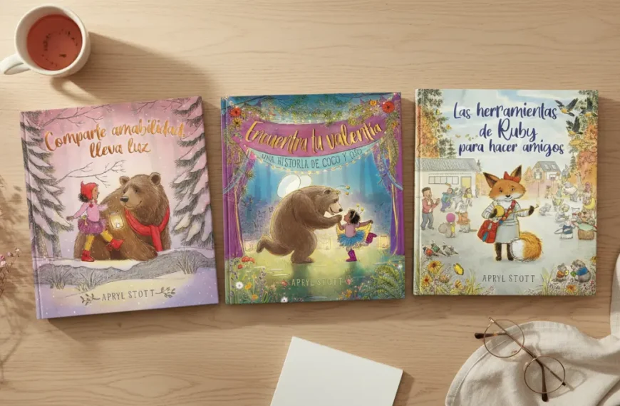 Fotografía editorial de los tres álbumes ilustrados de Apryl Stott sobre empatía y amabilidad para niños