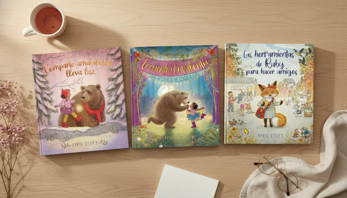 Fotografía editorial de los tres álbumes ilustrados de Apryl Stott sobre empatía y amabilidad para niños